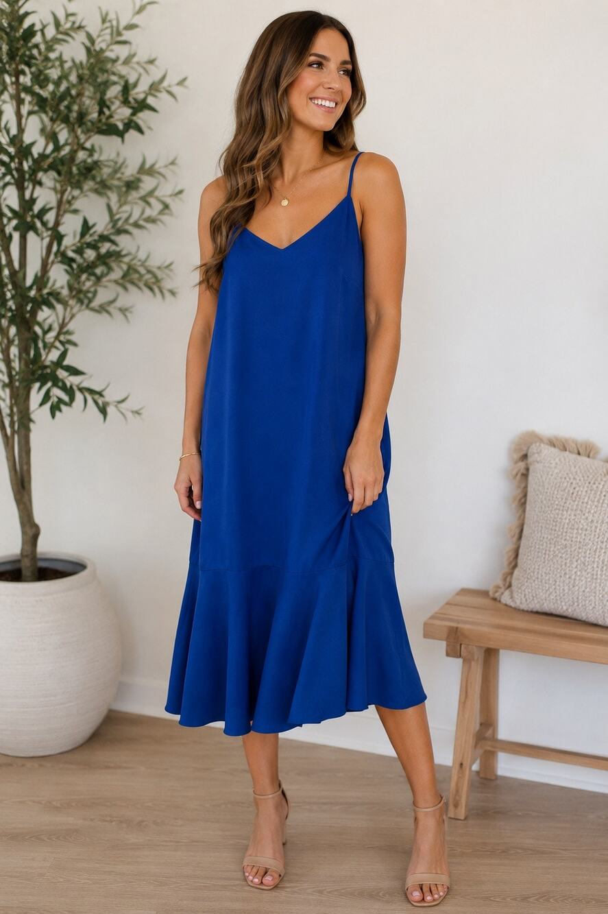 Lulus Cobalt Blue Midi Slip Dress Ruffle Hem Adjustable Straps Large